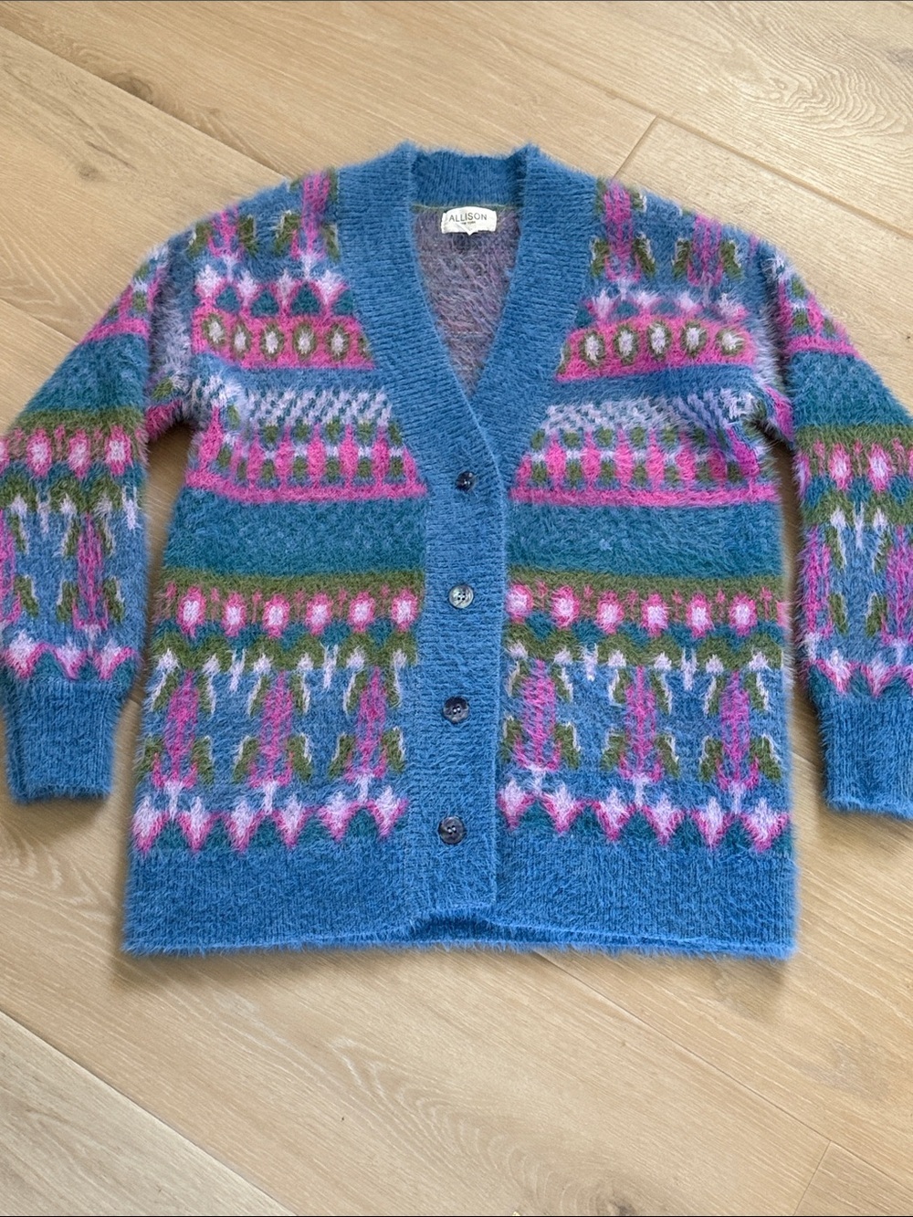 Allison New York Alma Cardigan XS Fuzzy Fair Isle Mohair Blend Grandpa Sweater